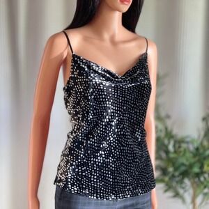 NWT Elie Tahari Velvet Silk Polka Dot Cami Black‎ Cowl Neck Tank Top Size M